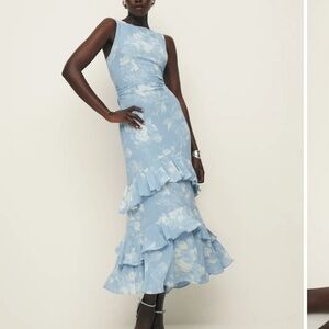 Reformation “Magnus” light blue floral ruffle maxi dress
